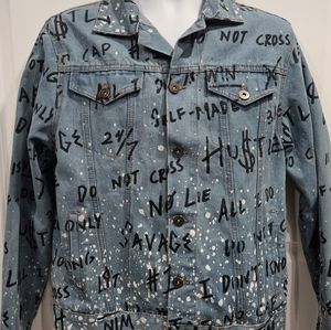 NWOT Brooklynn Cloth Denim Jacket Mens Sz M Hip Hop Graffiti Paint Splater Blue